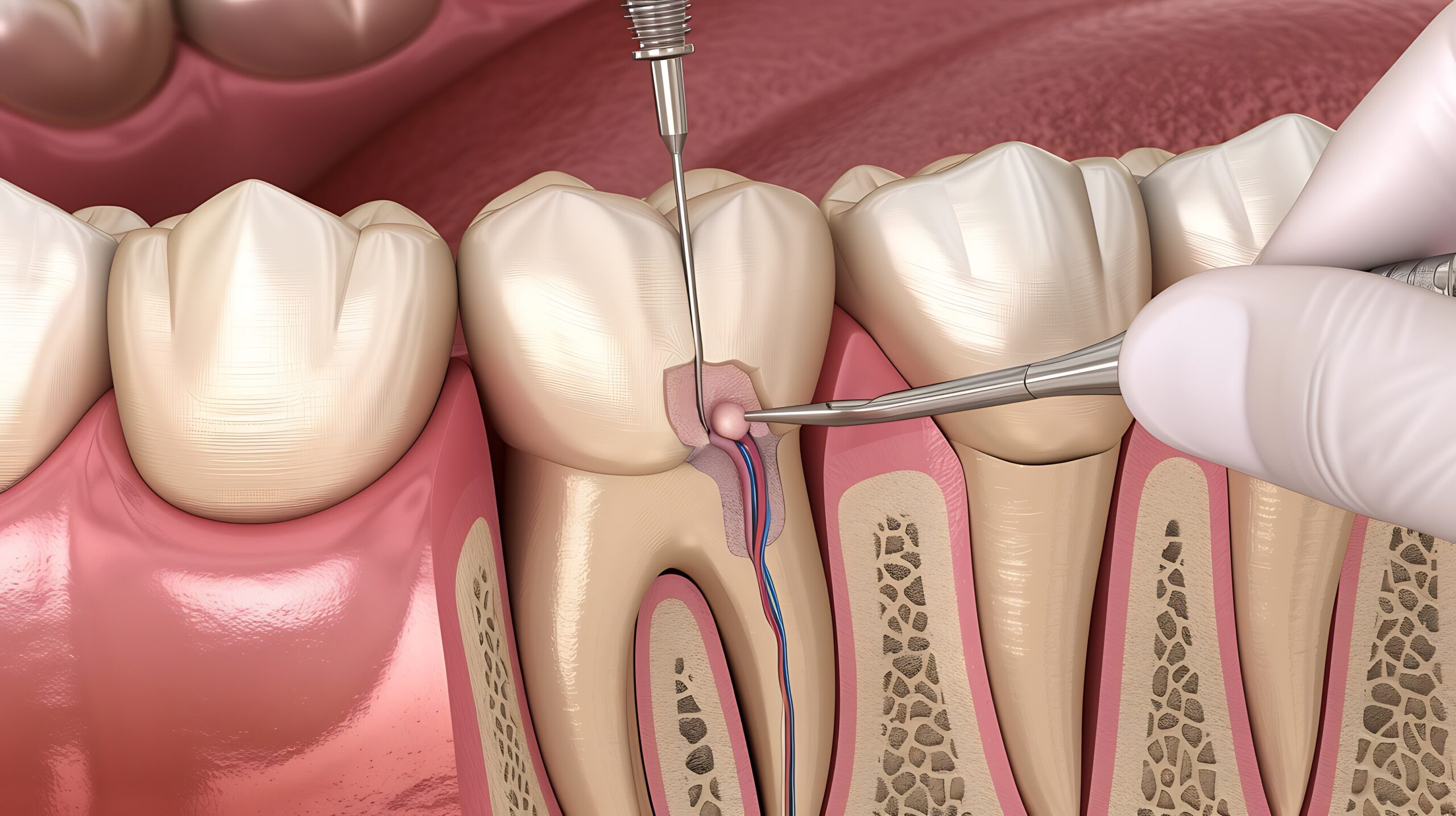 A dentist is performing a root canal on a patient's tooth. The dentist is using a drill to remove the infected pulp from the tooth.